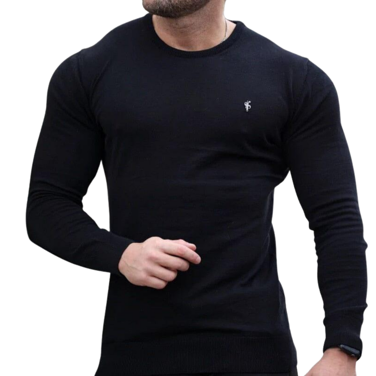 Suéter Masculino em Lã Superfina Romenzi RZ758 em detalhe, peça minimalista com logotipo discreto que oferece conforto, durabilidade e estilo sofisticado.