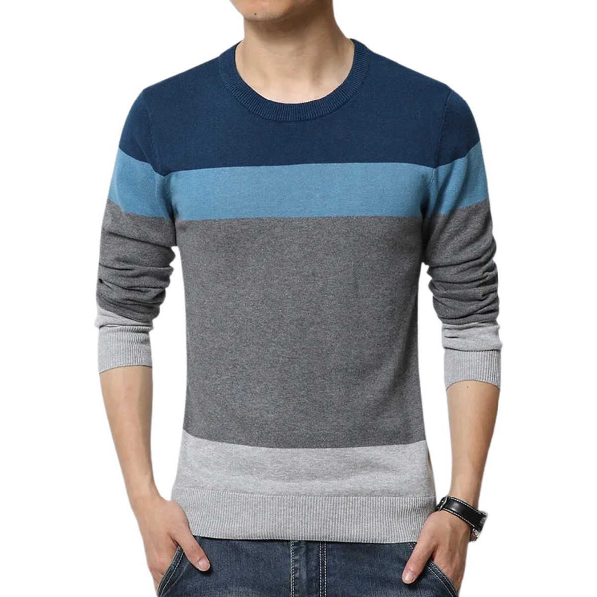 Suéter Masculino Listrado Romenzi RZ761 em detalhe, peça com design listrado e acabamento impecável que oferece conforto e estilo sofisticado.
